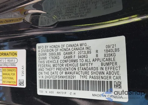 2022 Honda Civic Sport from USA, damaged, VIN 2HGFE2F5XNH536291